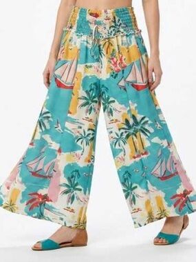 NWT True Destinations Resort Wear Wide Leg Tropical Print Beach Pant